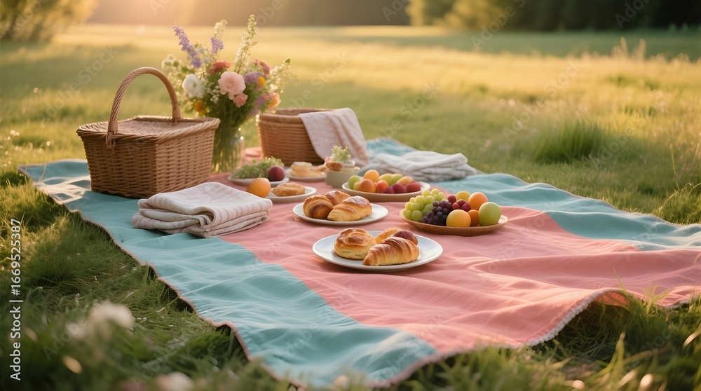 Fototapeta premium Sunny Picnic with Croissants and Fresh Fruit on a Plaid Blanket