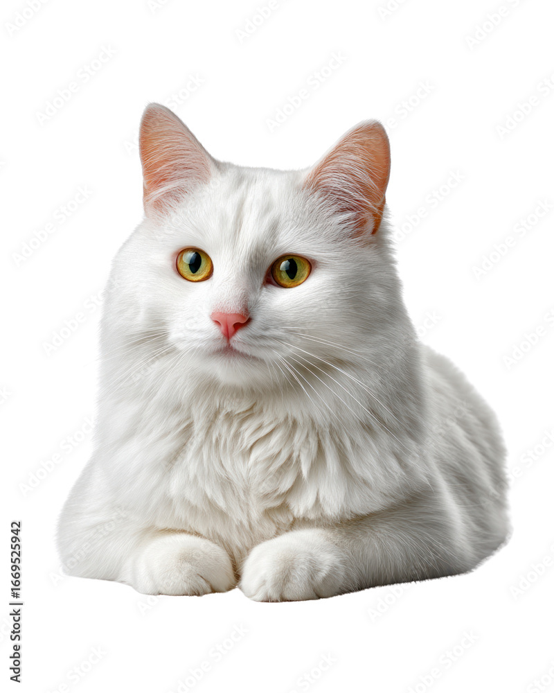 Obraz premium A fluffy white domestic cat with yellow eyes rests peacefully looking alert isolated on transparent background. PNG die-cut for advertising