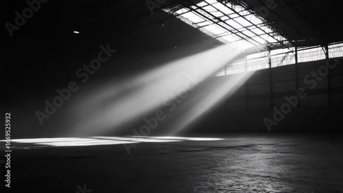 Dramatic Light Rays in Empty Warehouse: Industrial Space with Atmospheric Lighting