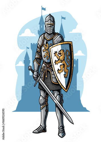 Knight stands brave guarding the majestic castle a timeless fortress against the backdrop of ages.

