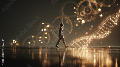 A figure walks forward on a glowing timeline, with the face of a young adult on the left and an older person on the right, surrounded by floating DNA helices and glowing clock gears.