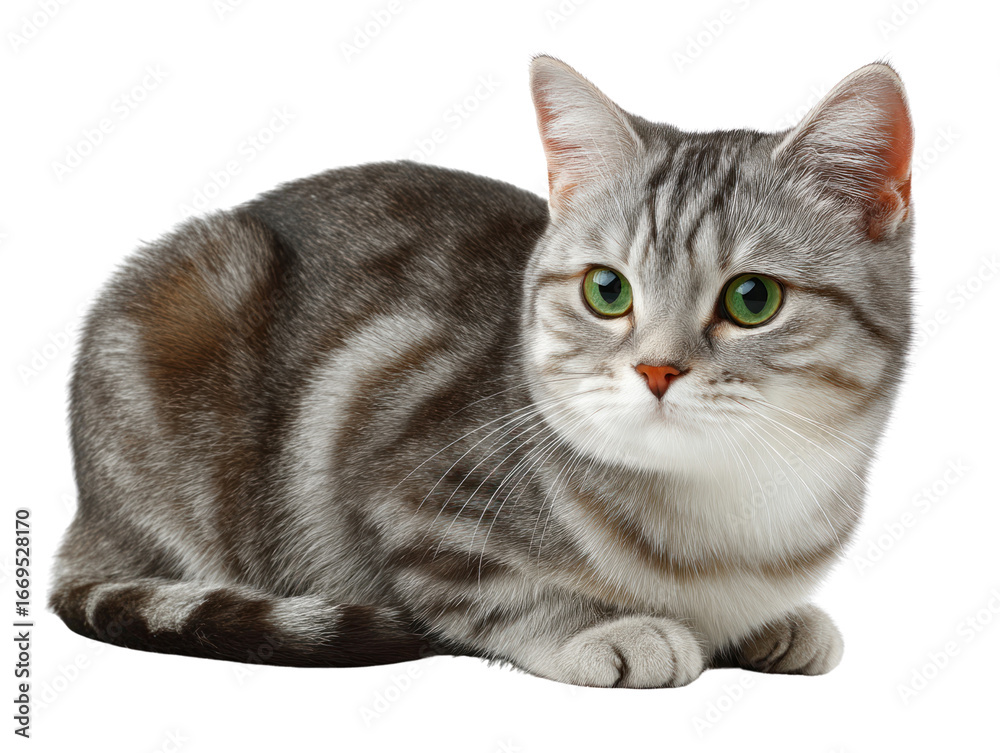 Obraz premium A domesticated tabby cat with green eyes and grey fur sits patiently isolated on transparent background. PNG die-cut for advertising