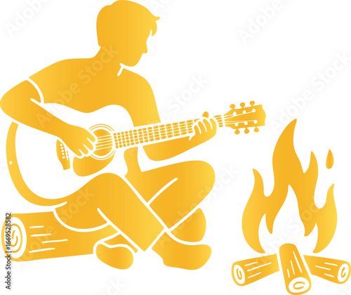 Golden campfire music scene silhouette design