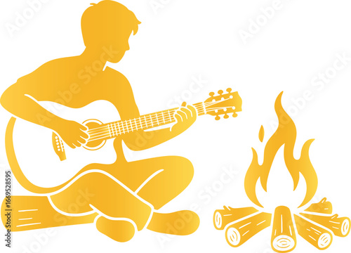 Campfire guitarist golden silhouette vector art