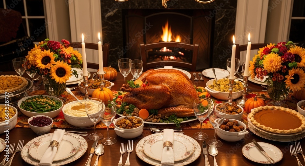 Naklejka premium Festive Thanksgiving Dinner Table Setting with Roasted Turkey and Traditional Side Dishes by Fireplace
