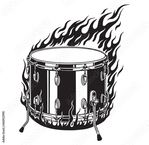 Black and white illustration of a burning drum on a white background for music themes