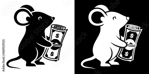 mouse holding money roll with dollar bills, black and white contrast style