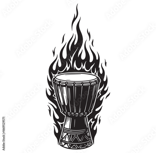 Black and white illustration of a djembe drum enveloped by stylized flames design