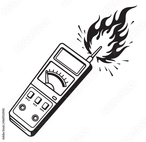 Black and white illustration of a multimeter with flames symbolizing electrical failure or overload