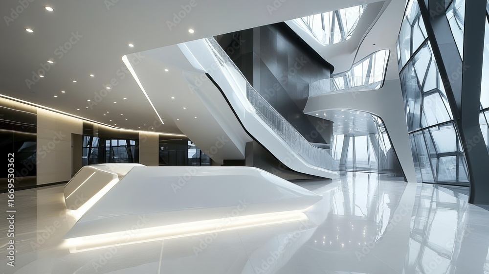 Obraz premium Modern, futuristic interior with white curved structures, stairs, and large windows overlooking cityscape