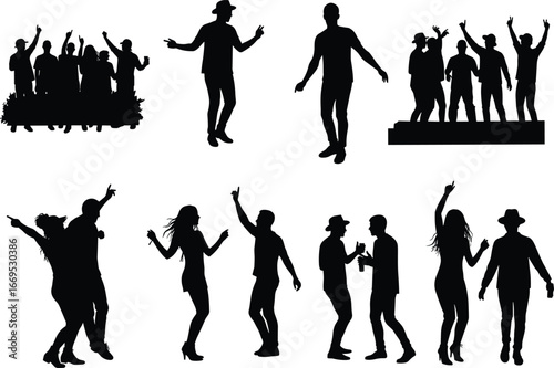 Silhouettes of people dancing, partying, celebrating, social gathering, nightlife, friends having fun, music event, clubbing, joyful moments, dancing couples, group celebration