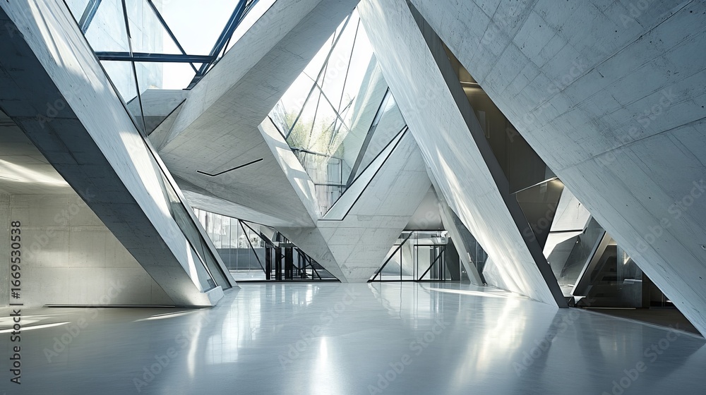 Fototapeta premium Modern, geometric interior. Angular concrete walls and glass ceiling create light-filled, unique space. Architectural design showcased