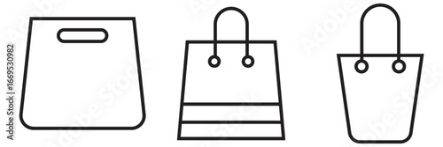 Set of shopping bag icons in black silhouette. Three simple black shopping bag icons in different styles, useful for retail, e-commerce, store branding, or packaging design.   Online Shop Symbol. 
