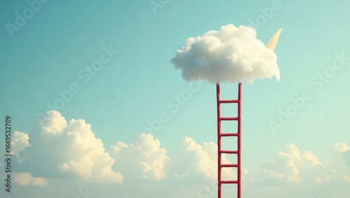A red ladder leads to a fluffy cloud, symbolizing reaching for dreams against a pale sky.