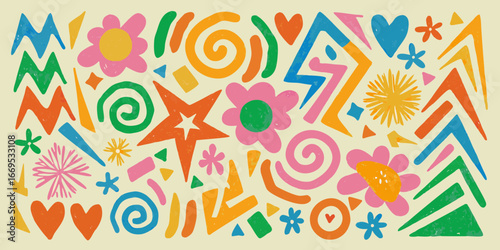 Colorful Abstract Shapes and Organic Forms in a Playful Retro Style pattern geometric