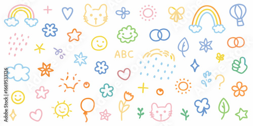 Colorful Hand Drawn Doodle Icons With Cute Animals And Rainbows sketch drawing