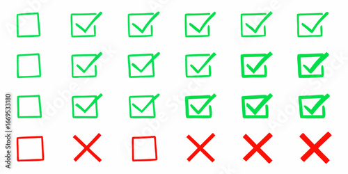 Green Check Marks And Red Xs In Square Boxes On White Background x mark checkbox
