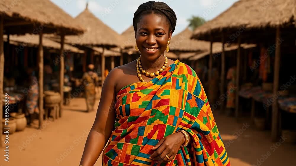 custom made wallpaper toronto digitalSmiling West African Woman in Vibrant Traditional Ghanaian Kente Cloth Dress, Adorned with Gold Jewelry, Standing in a Bustling Outdoor Village Market