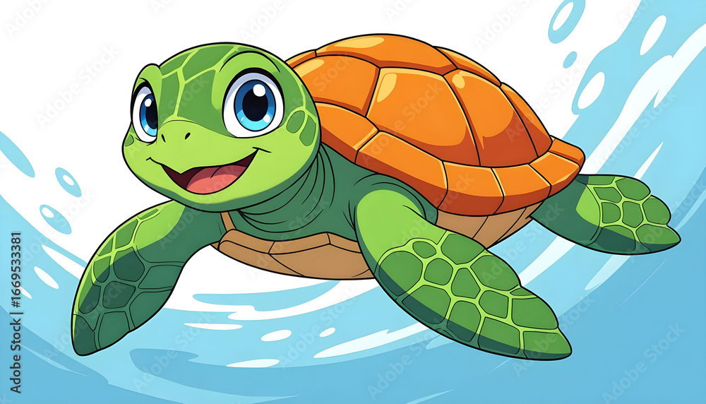 Fototapeta premium Adorable Cartoon Sea Turtle, Happy Expression, Swimming, Bright Colors, Children's Illustration, White Background, Friendly, Cute, Perfect for Kids' Products.