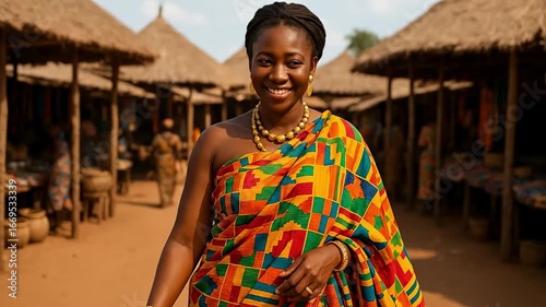 Wallpaper Mural Smiling West African Woman in Vibrant Traditional Ghanaian Kente Cloth Dress, Adorned with Gold Jewelry, Standing in a Bustling Outdoor Village Market Torontodigital.ca