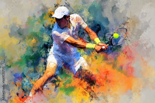Dynamic depiction of a tennis player striking a powerful backhand in a vibrant, abstract style with a colorful background