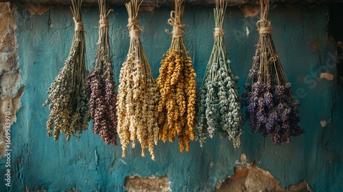 Dried spices are tied and hung against the old blue wall.
