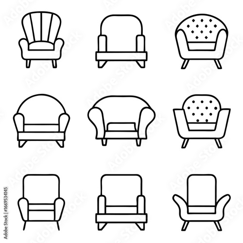 Collection of various armchair icons different styles of comfortable seating for interior design and home decor