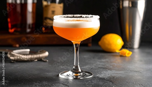Sidecar cocktail in coupe glass with sugared rim.