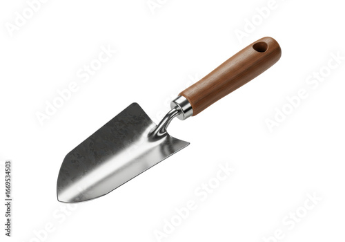 Isolated garden trowel, stainless steel blade, wooden handle, gardening tool for digging