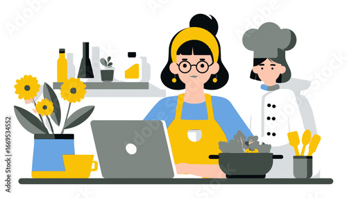 Bright Cartoon Kitchen Scene with Chef and Cook Preparing Healthy Meals