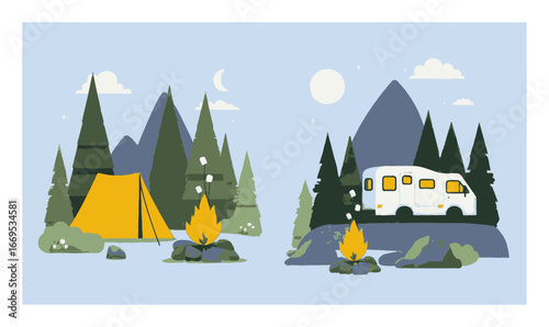 Cartoon Flat Nature Scene with Tent, Campfire, and RV in Landscape