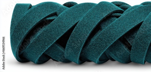 Interwoven teal felt strips form a braided, textured cylindrical shape with soft shadows on a white surface