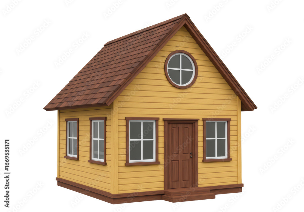 Isolated cartoon house with gable roof, brown trim, yellow siding, & four windows, cozy home Isolated cartoon house with gable roof, brown trim, yellow siding, & four windows, cozy home