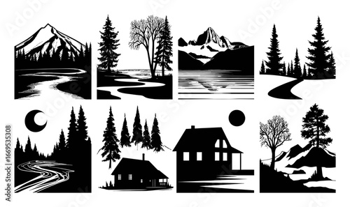 Hand Drawn Landscape Illustration with Trees, Mountains, and Houses