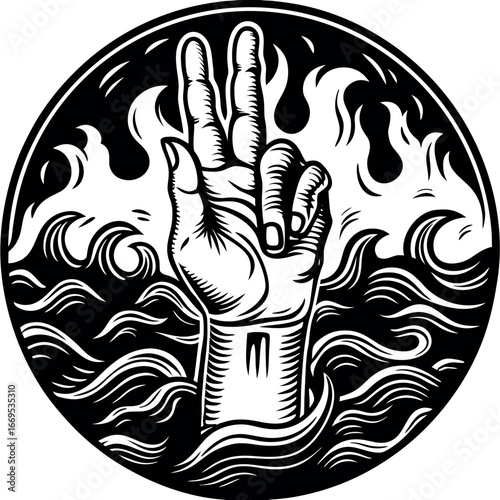 Black and white hand emerging from fiery waves vector