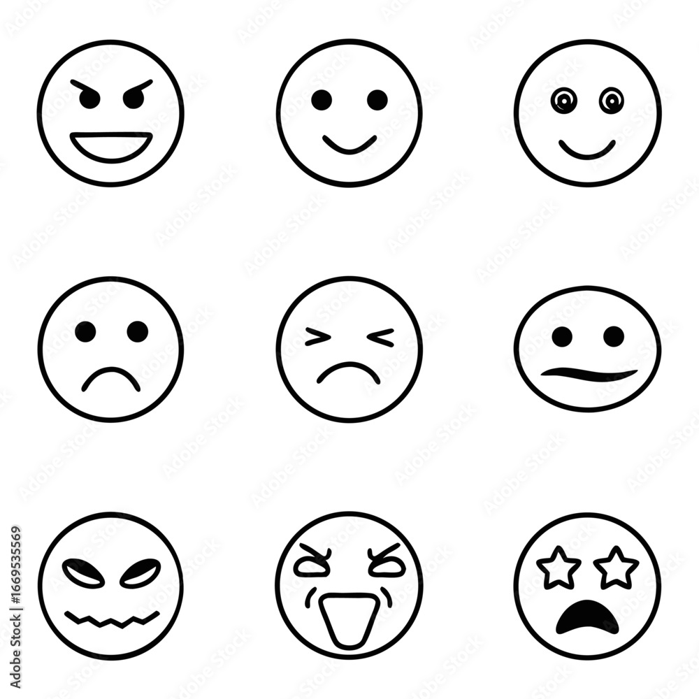 Emoji and emoticons icons set collection of various facial expressions, representing different emotions and feelings in format Emoji and emoticons icons set collection of various facial expressions, representing different emotions and feelings in format