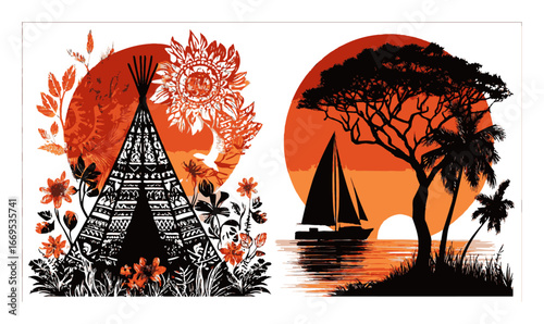Vibrant Abstract Illustration of Nature with Teepee and Sunset Scene