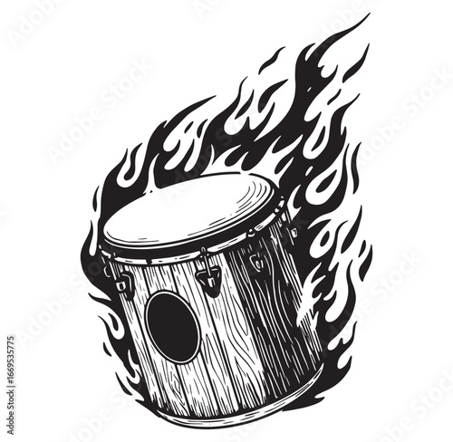 Burning drum illustration black and white artistic depiction of a rhythmic musical instrument