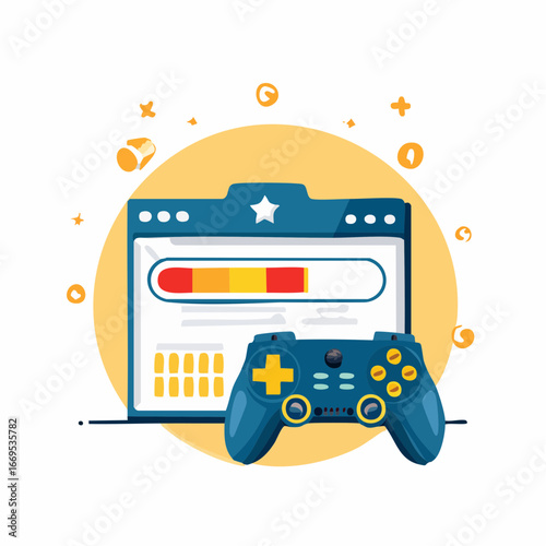 Flat vector gaming icons. Includes controller, arcade machine, gaming laptop, VR headset, esports trophy, mobile gaming, keyboard, headset, loading bar, and pixel sword shield. 