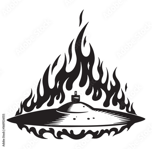 Burning drum set illustration depicting a cymbal in flames abstractly representing music and energy
