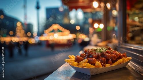 Currywurst with Tomato Curry Sauce and Fries, Served on A Street Food Stand Counter in Berlin, German Cuisine