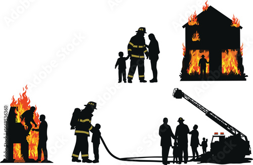 Firefighters rescue people, burning house emergency, fire safety training, emergency response scene, children evacuation, fire truck help, community protection