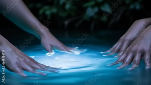 Wallpaper Mural Two hands gently touching the surface of illuminated water in a serene, natural setting at night Torontodigital.ca