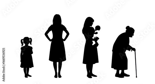 Silhouette stages of a woman’s life from child to elderly
