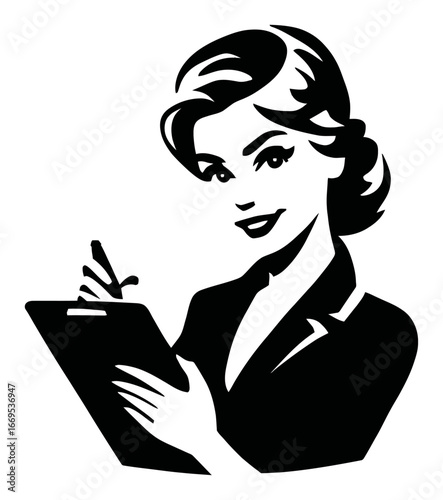 Elegant Woman in Business Attire Holding Clipboard and Smiling Confidently