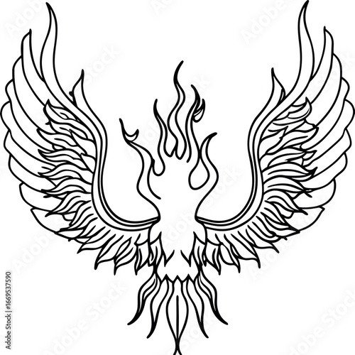Stylized phoenix with fiery wings and tail mythical bird fire