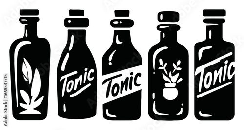 Artistic Black and White Illustration of Tonic Bottles with Herbal Designs