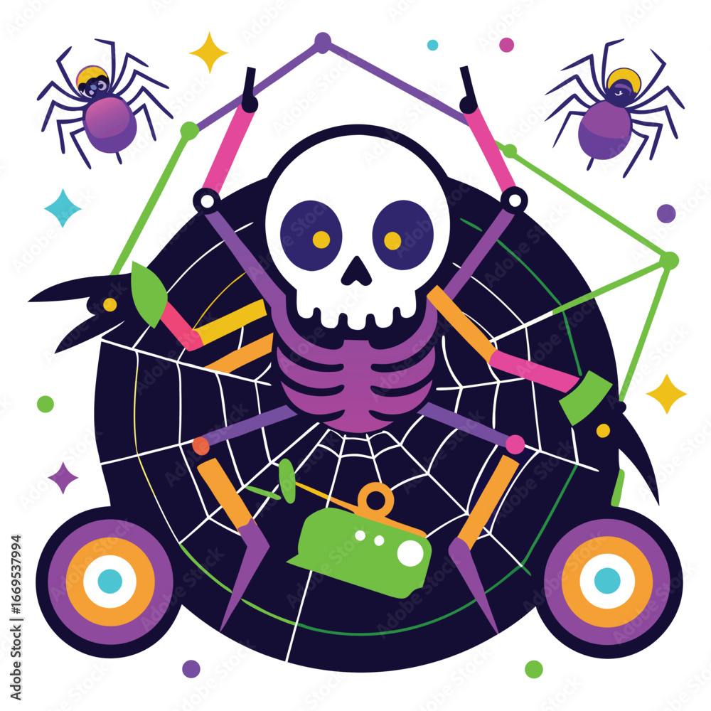 Fototapeta premium Halloween t-shirt vector art of a spooky skeleton with spider web and colorful elements, perfect for halloween celebrations and decorations