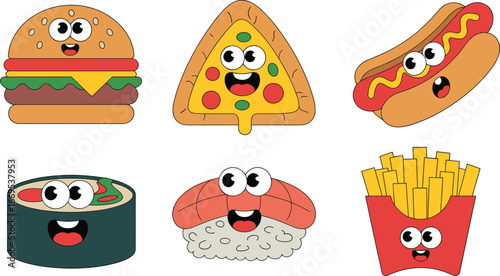 Funny cartoon food characters, cute burger, hotdog, sushi, pizza, french fries, smiling face icons, kids menu, fast food vector
