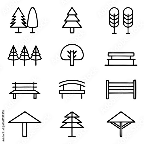 Park and garden furniture icons set collection of tree, bench, fence and other outdoor elements line icons for graphic design